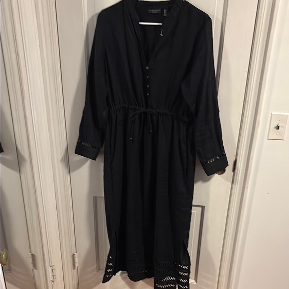 Tahari 100% Linen Elegant Black Midi Dress with Drawstring Empire Waist - Picture 2 of 8